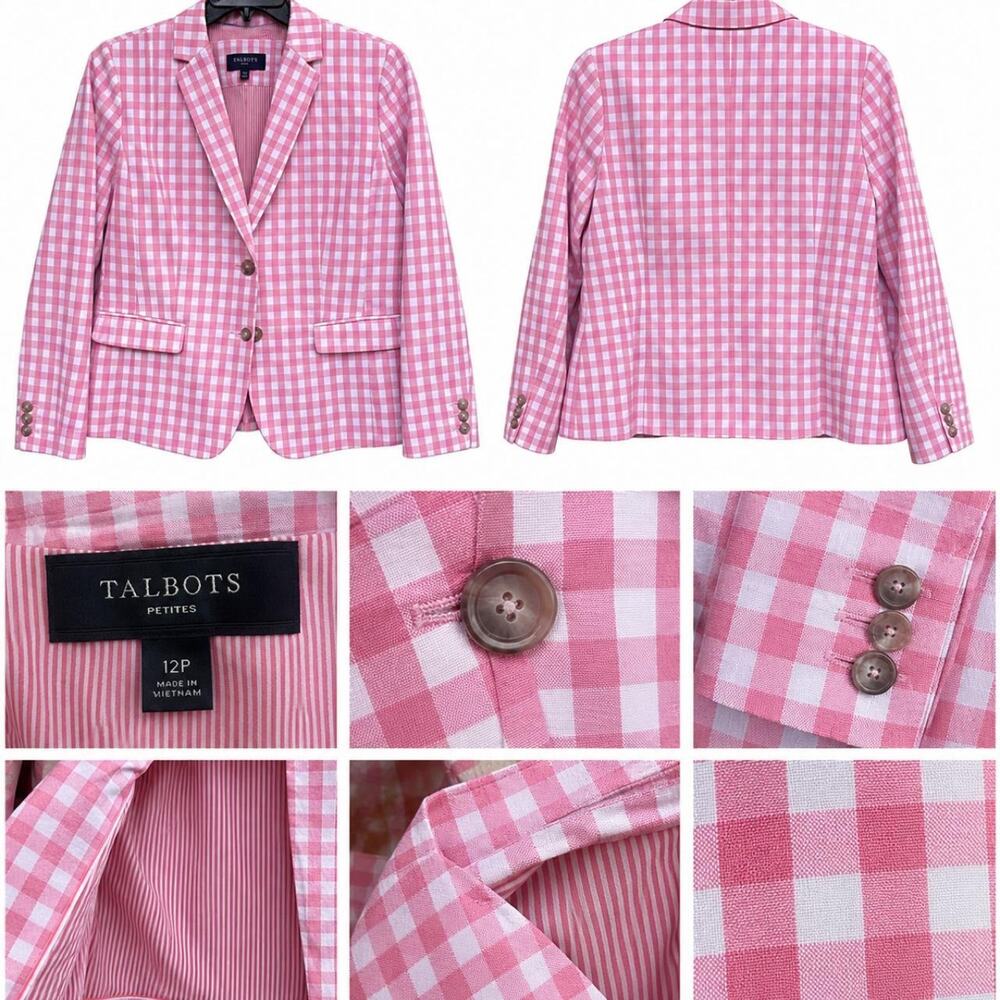 Talbots Petites 12P Pink White Gingham Blazer Preppy Check Jacket Button Front